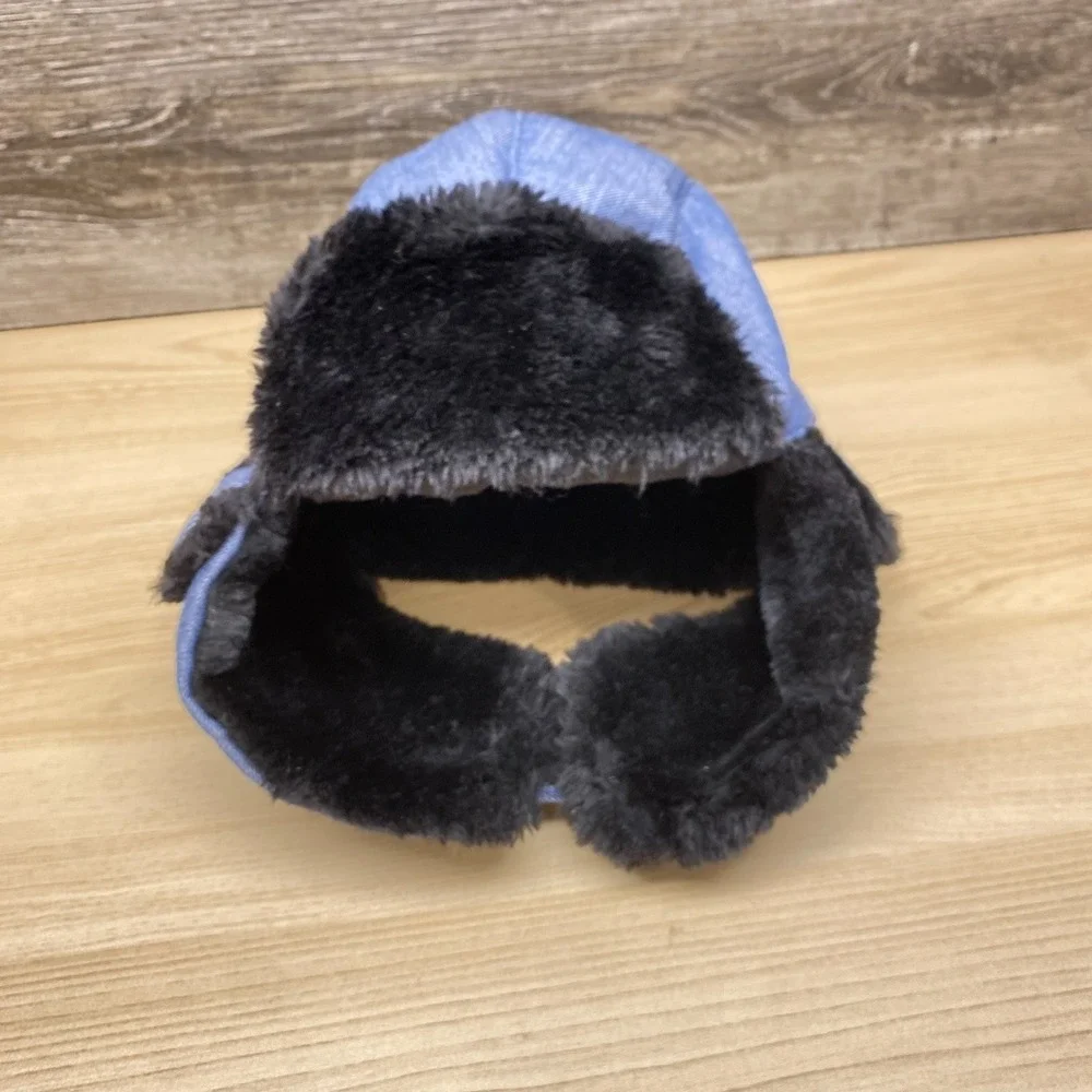 The North Face Hat Cap Trapper Blue Black Denim Faux Fur Ear Flap Winter Outdoor